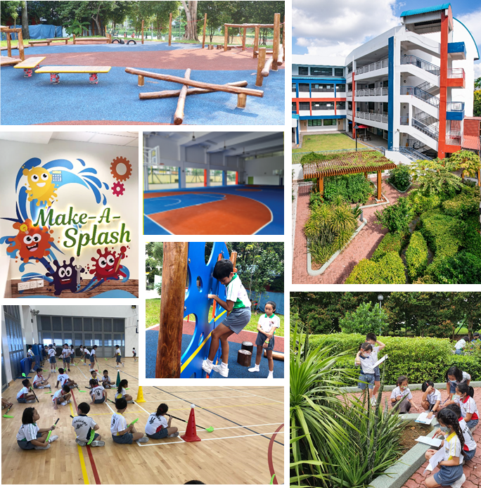 Collage of a school campus showing playgrounds, sports halls, a colorful building, and children learning outdoors.